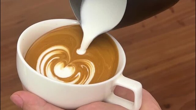 Barista pouring milk for rosette tulip latte art in white ceramic cup