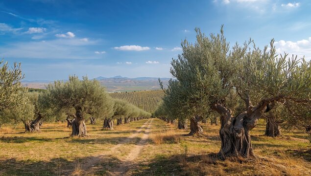 Olive Trees Lined Along a Dirt Path Under a Clear Blue Sky