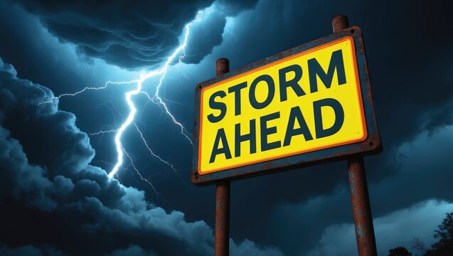 Storm Warning Sign with Lightning in Dark Cloudy Sky