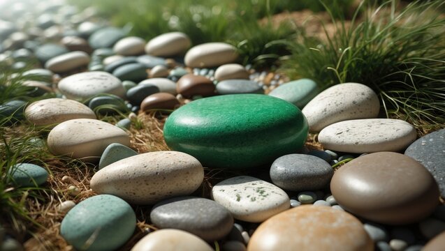 Green Stone Surrounded by Various Pebbles and Grass in Sunlight