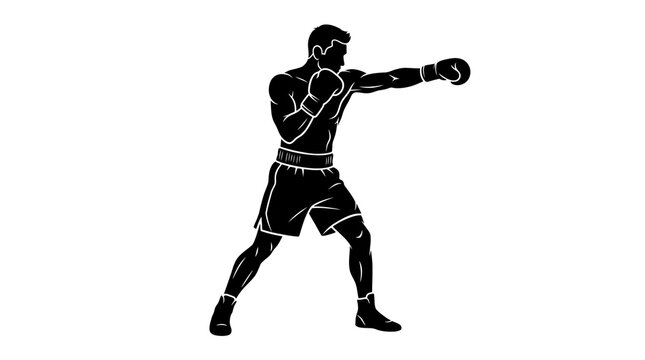Professional boxer silhouette throwing a punch, athletic male fighter in boxing stance, black and white sports illustration of a martial artist isolated PNG with Transparent Background