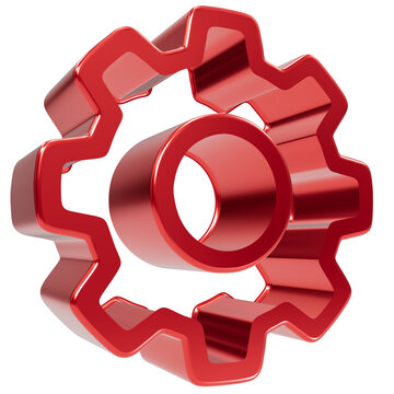 Red glossy gear with liquid glass texture and rounded edges in a three dimensional rendered style isolated on a transparent background