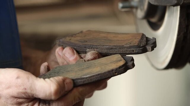 Two old worn brake pads for a car's braking system in a man's hands.
