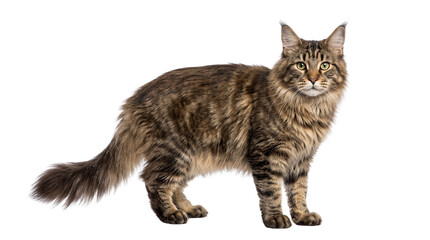 Maine Coon cat standing in profile, majestic longhair tabby cat with thick fur and tufted ears, large domestic feline pet with bushy tail isolated PNG with Transparent Background © Nadidon