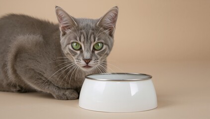 Gray Cat Looking at Empty Food Bowl on Neutral Background