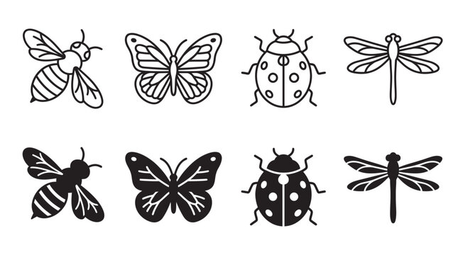Set of flying insect icons including bee butterfly ladybug dragonfly in black and white styles with dragonfly, butterfly