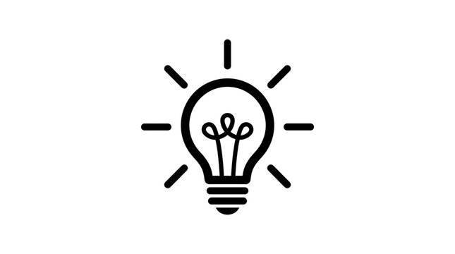 Minimalist light bulb icon representing creative ideas, glowing electric lamp symbol for innovation, black line art lightbulb for business inspiration isolated PNG with Transparent Background