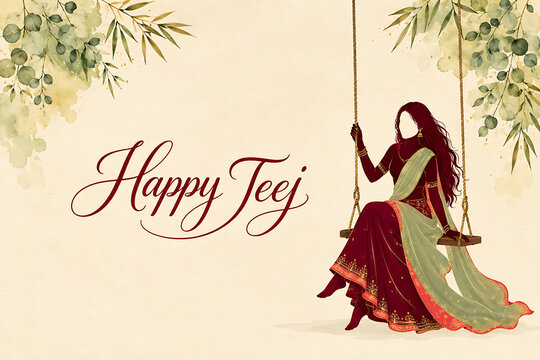Elegant happy hariyali teej kajari teej illustration featuring traditional woman on floral swing with graceful attire botanical leaves and festive copy space
