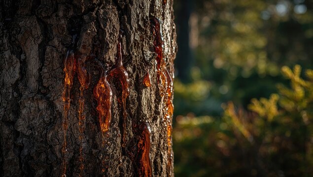Tree Bark Oozing Resin in Soft Morning Light with Natural Background