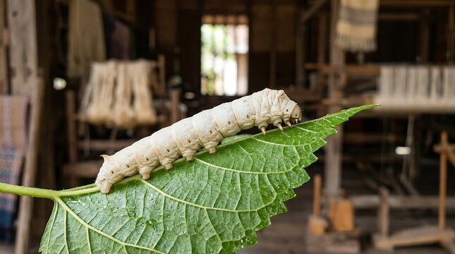 Silkworm crawling on a green mulberry leaf in a weaving workshop