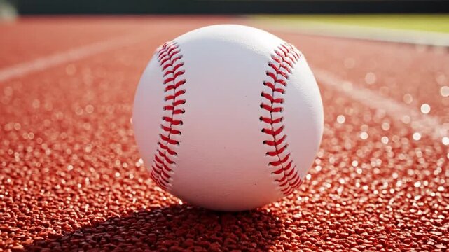 Close-up of a baseball resting on a red track with visible seams, shadow and textured surface.