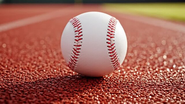 Close-up of a baseball resting on a red track with soft focus background during daylight