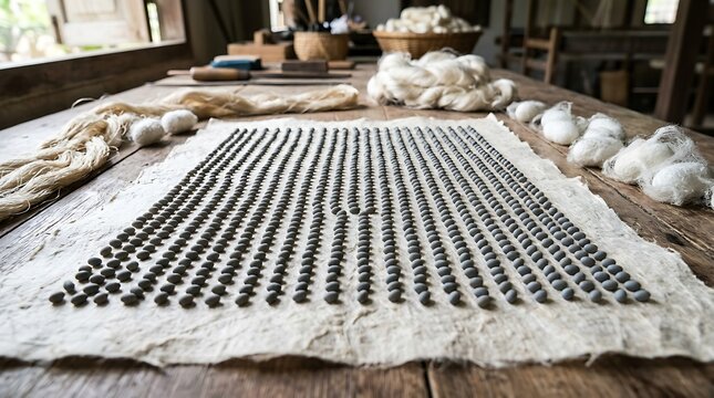 Rows of silkworm eggs and cocoons in a traditional silk workshop