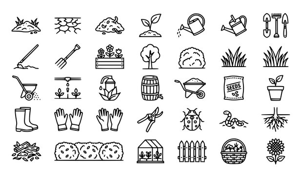 Gardening and Soil Editable Stroke Outline Icons Collection Vector Illustration