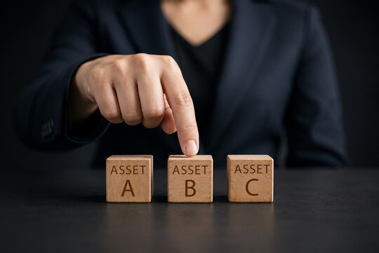 
Investment asset allocation, Real estate investment. Money wealth management with funds. Diversification and risk management. Hand choosing on stacking coins with Assert A B C words on wooden blocks