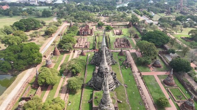 Aerial view of ancient stupas at Wat Phra Si Sanphet temple, Ayutthaya, Thailand.	
