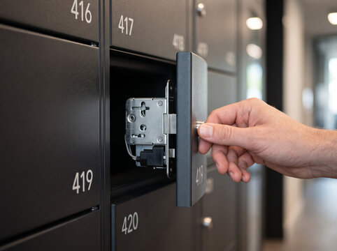 Person retrieving package box from open automated delivery parcel locker