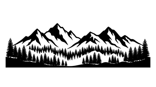 Minimalist mountain range silhouette, black and white alpine landscape with pine forest, rustic wilderness peaks and evergreen trees isolated PNG with Transparent Background