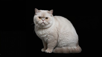 Fluffy Cream Cat Sitting on Black Background with Alert Expression