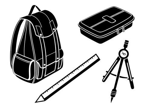 Four school objects school backpack, ruler, pencil case, and geometry compass. Black monochrome vector silhouettes on a pure white background, evenly distributed in a clean grid, consistent scale, pre