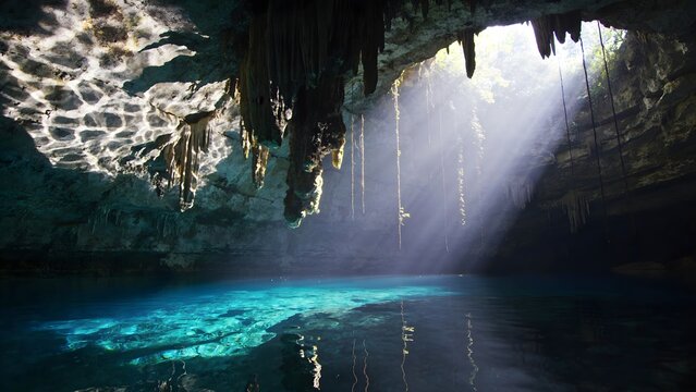 Ancient Limestone Stalactites Hanging Over Crystal Clear Underwater Cave Pool Cenote Light