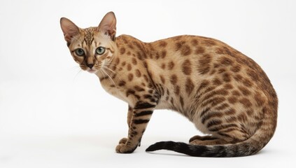 Naklejka premium Bengal Cat Pose on White Background with Unique Spots
