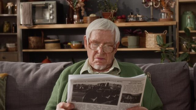 Senior Caucasian man wearing glasses sitting indoors and reading newspaper. Footage is perfect for retirement planning, senior lifestyle, and financial services commercials