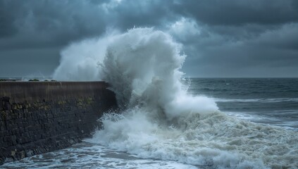 Obraz premium Crashing Ocean Waves Against Stone Pier Under Dramatic Cloudy Sky
