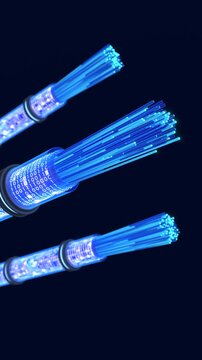Vertical video of Binary data through fiber cables, High-speed optical fiber network for modern data communication. 3D Render