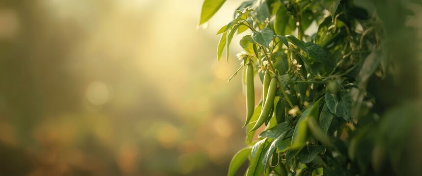 Lush Green Pea Pods Growing on a Vine in Soft Natural Light