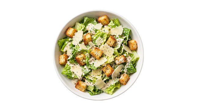 Classic Caesar salad in white bowl, fresh romaine lettuce with parmesan cheese shavings and croutons, healthy gourmet salad isolated on white background