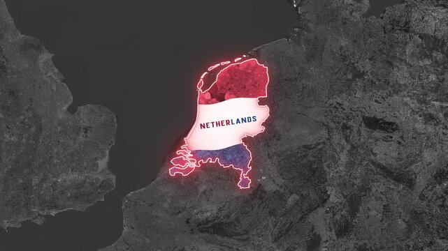 Netherlands Map Highlight with Neon Glowing Border on Black and White World Map