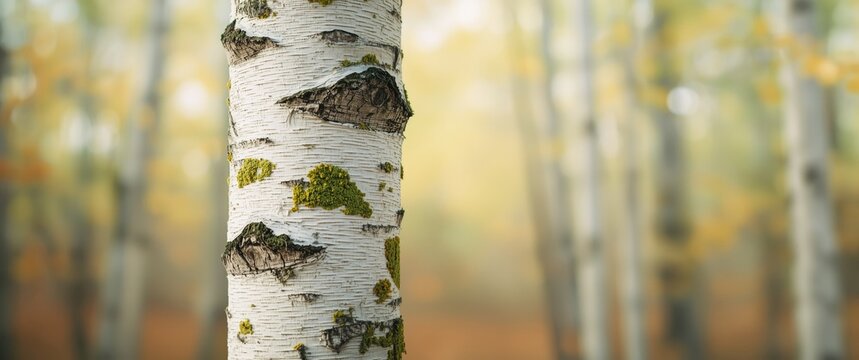 Birch Tree Bark Closeup in Autumn Forest with Soft Background Bokeh