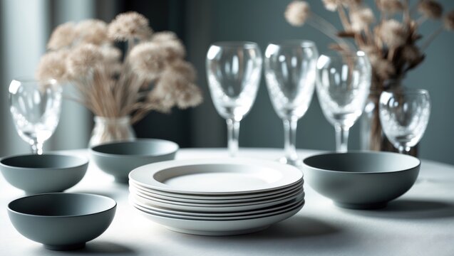 Set of clean dishware and champagne glasses on a white table indoors.