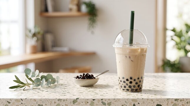 Blank boba tea cup mockup on a minimal counter