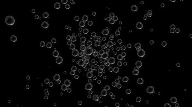 Water and Soap Bubbles Rising Underwater with Sparkling Glow, Floating Foam Particles on black Screen Chroma Key, Transparent Alpha Channel Motion Graphics for Beauty, Cosmetic Background 4K