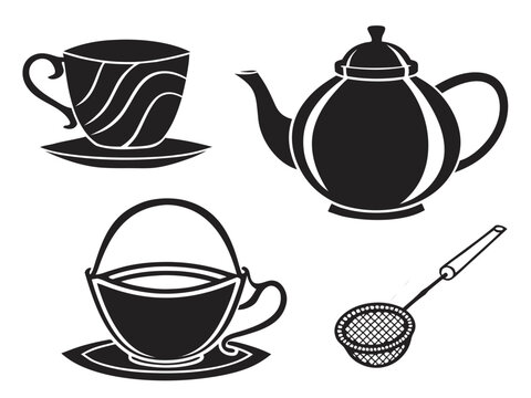 Four tea-related objects traditional teapot, tea cup, tea strainer, and sugar bowl. Solid black vector silhouettes on a pure white background, neatly arranged as a balanced four-item collection, smoot