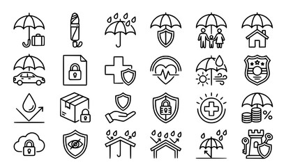 Fototapeta premium Set of hand drawn insurance and protection icons featuring umbrellas shields locks and security symbols on white background