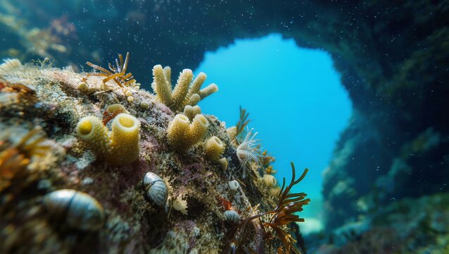An underwater view looking out from a rocky cave archway, highlighting various marine organisms, tubular sponges, small sea snails, and algae clinging to a rocky reef under clear blue water