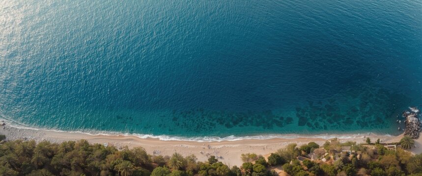 Aerial View of Tranquil Beach with Clear Blue Water and Lush Greenery