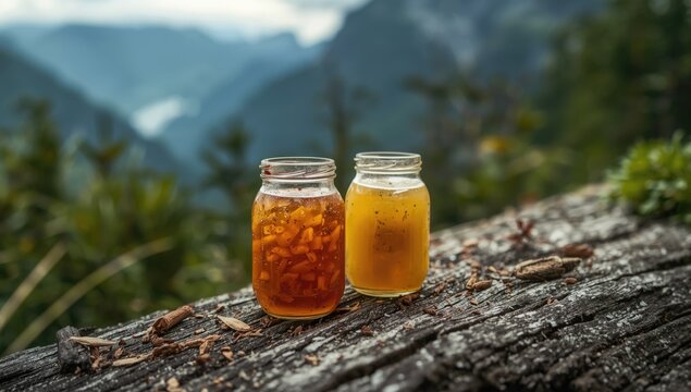 Jars of Honey on a Log in a Forest with Mountain Background