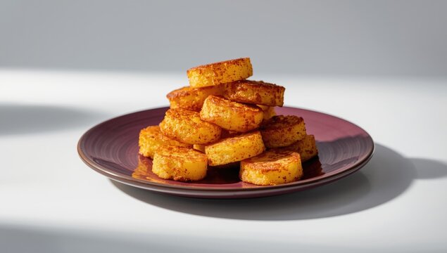 Stacked Golden Fried Plantains on a Dark Plate in Soft Natural Light