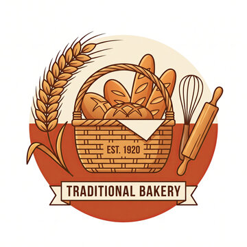 Vintage traditional bakery logo with bread basket wheat whisk and rolling pin.