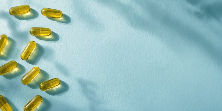 Golden Capsules Spread on a Light Blue Surface with Soft Shadows