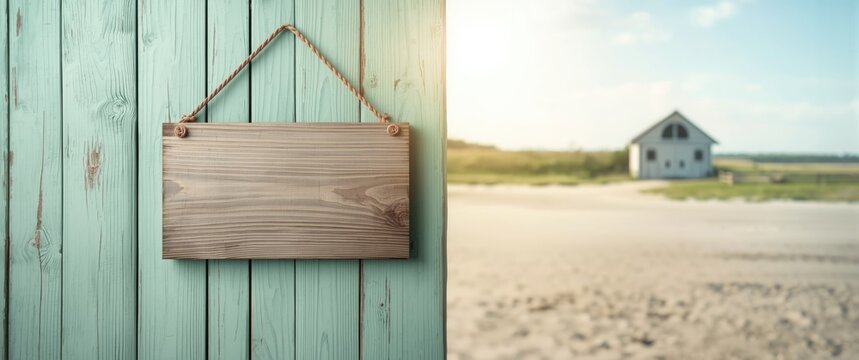Wooden Sign Hanging on a Light Blue Wall with a House in the Background at Sunset