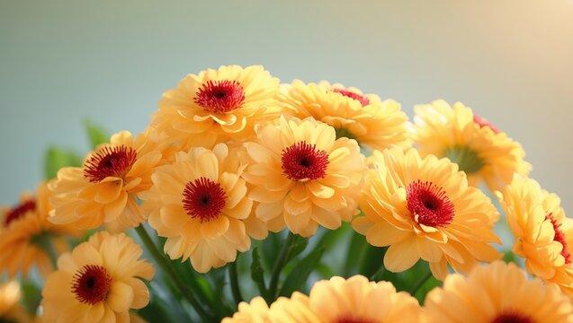 Yellow Flowers with Red Centers in a Soft Natural Light Setting