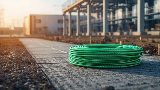Green Garden Hose Coiled on a Pathway at a Construction Site During Sunset