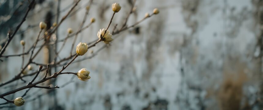 Budding Branches Against a Weathered Wall in Soft Natural Light