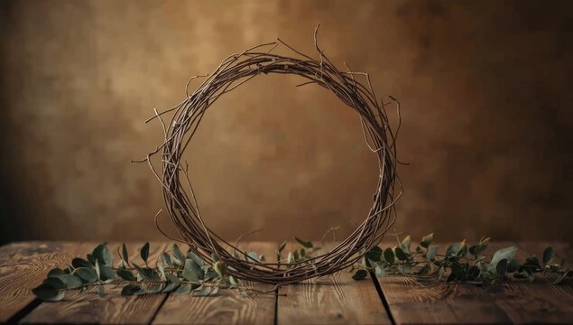 Wreath Made of Twigs Surrounded by Eucalyptus Leaves on Wooden Surface