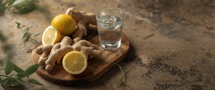 Fresh Ginger Root and Lemon Slices with a Glass of Water on a Wooden Board